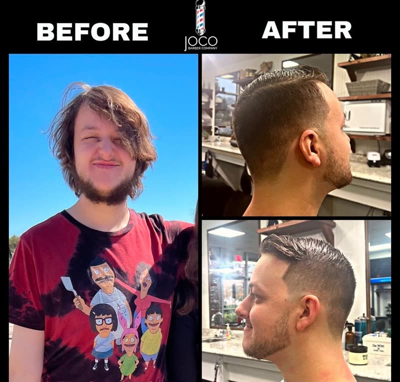 Before and after: shaggy hair to a clean fresh cut.